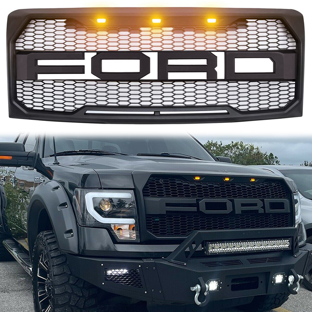 For 2009-2014 Ford F150 F-150 Raptor Style Grille Front Grill with Light Matte Black 