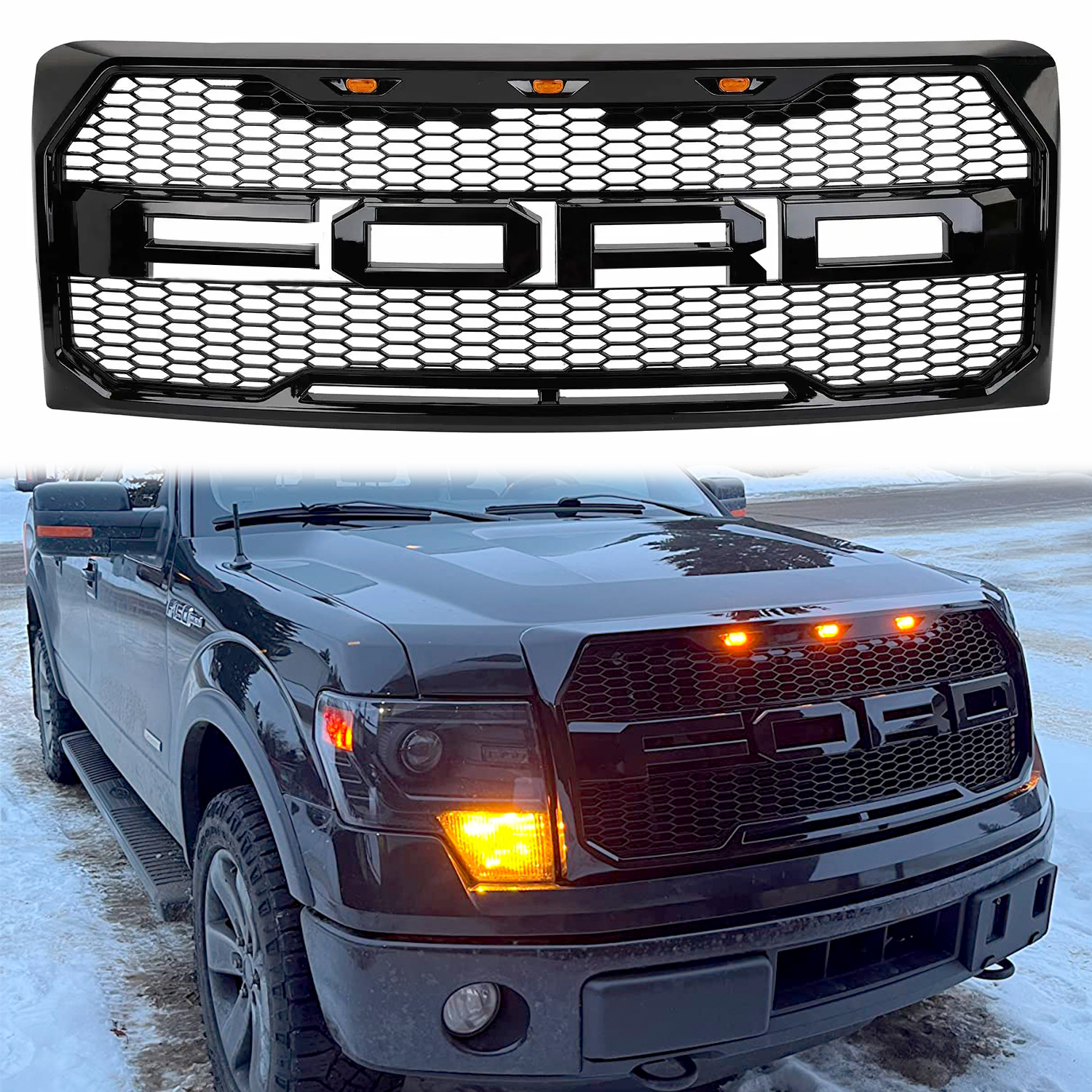 Raptor Style Front Grill Hood Grille For Ford F150 F-150 2009-2014 Glossy Black
