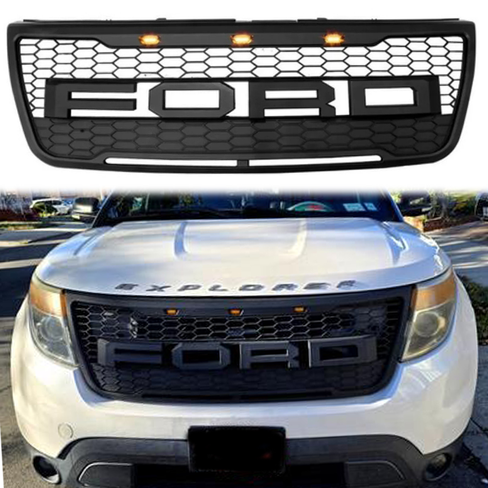 Grill for 2012 2013 2014 2015 Ford Explorer Front Bumper Grille with LED Matte Black