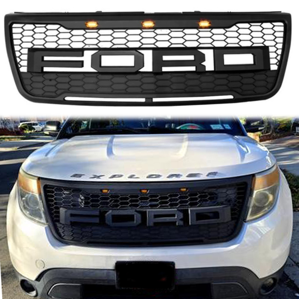 Grill for 2012 2013 2014 2015 Ford Explorer Front Bumper Grille with LED Matte Black