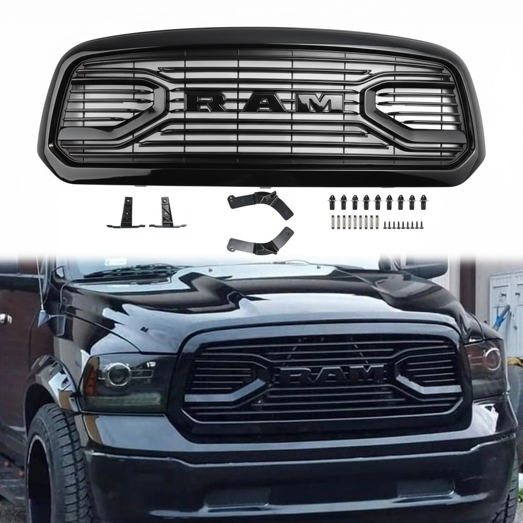 For 2013-2018 Dodge Ram 1500 Grill Big Horn Style Front Grille Glossy Black