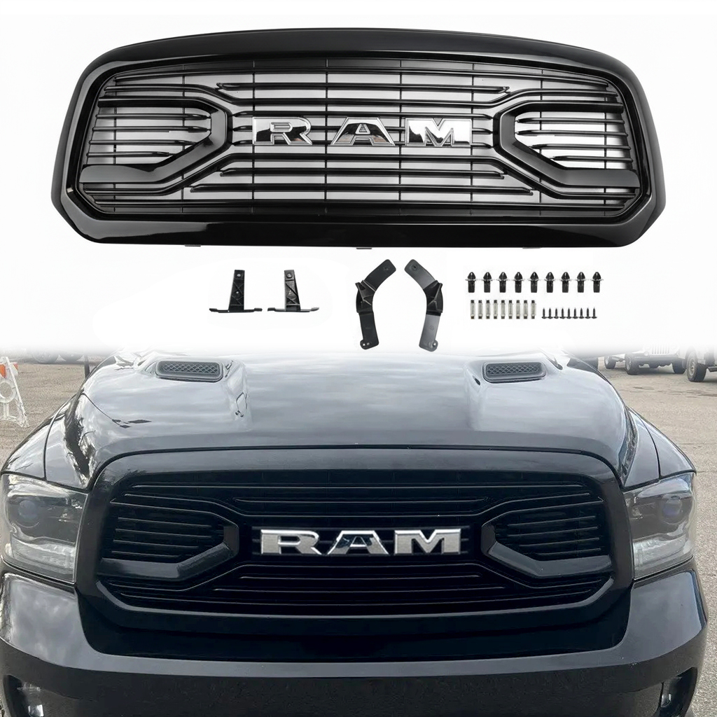 For 2013-2018 Dodge Ram 1500 Front Grille Big Horn Style Grill Glossy Black + Letter Chrome