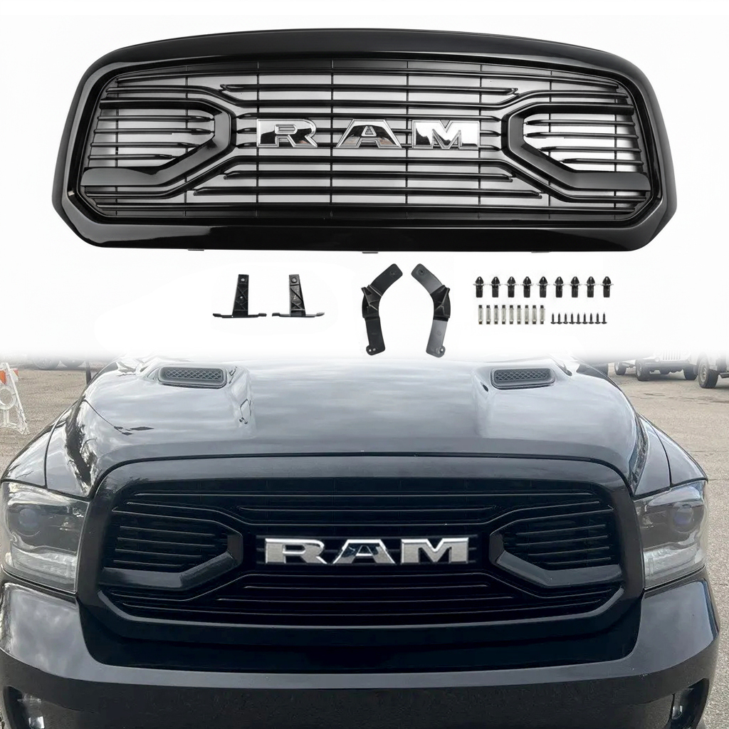 For 2013-2018 Dodge Ram 1500 Front Grille Big Horn Style Grill Glossy Black + Letter Chrome