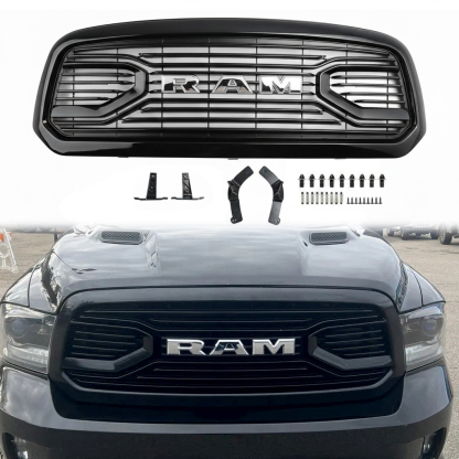 For 2013-2018 Dodge Ram 1500 Front Grille Big Horn Style Grill Glossy Black + Letter Chrome