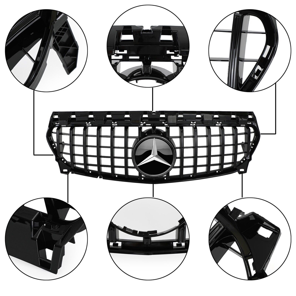 For 2013-2019 Mercedes Benz W117 C117 CLA-Class GT R Front Grill Grille with Emblem Gloss Black