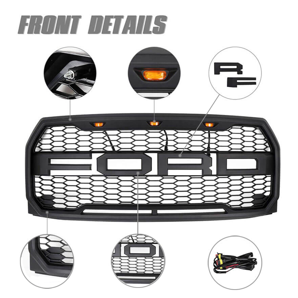 Raptor Style Grille For 2015-2017 Ford F150 Front Grill Matte Black With Letters & LED Lights