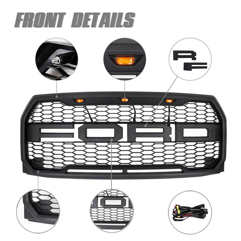 Raptor Style Grille For 2015-2017 Ford F150 Front Grill Matte Black With Letters & LED Lights