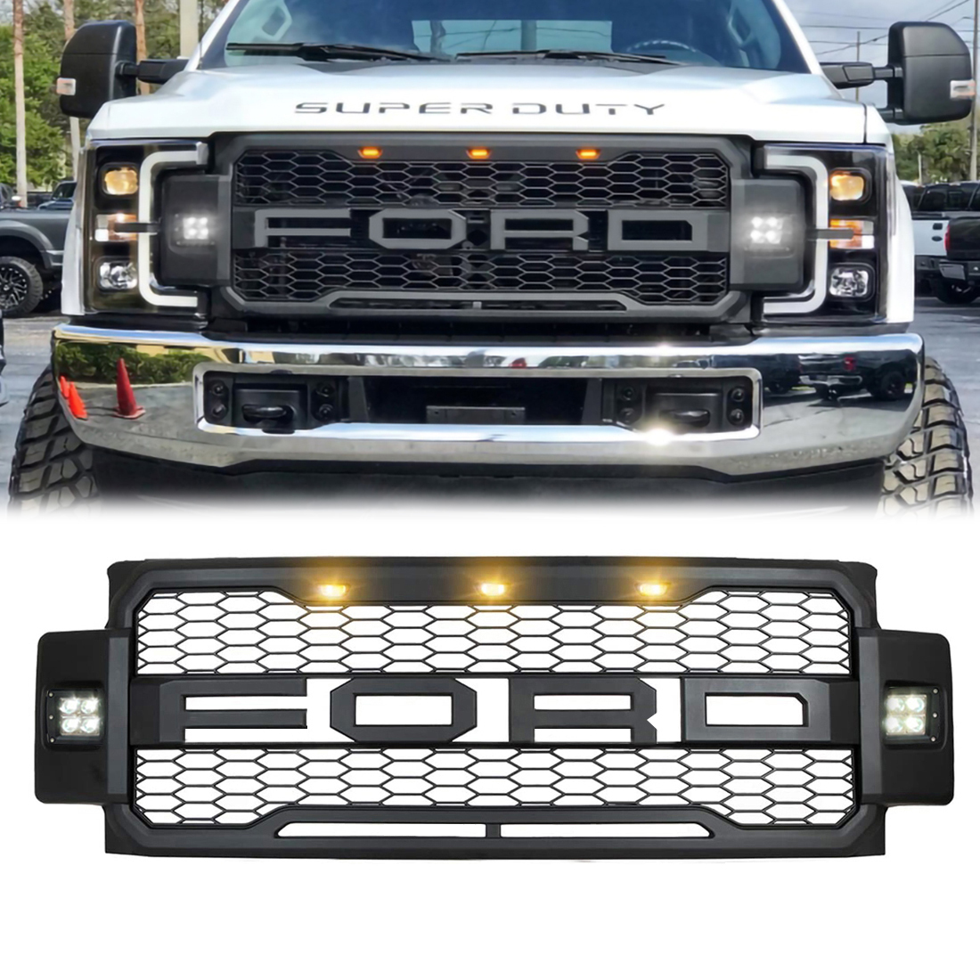 For 2017-2019 Ford F250 F350 F450 F550 Super Duty Grill Raptor Style Front Grille With Light Matte Black
