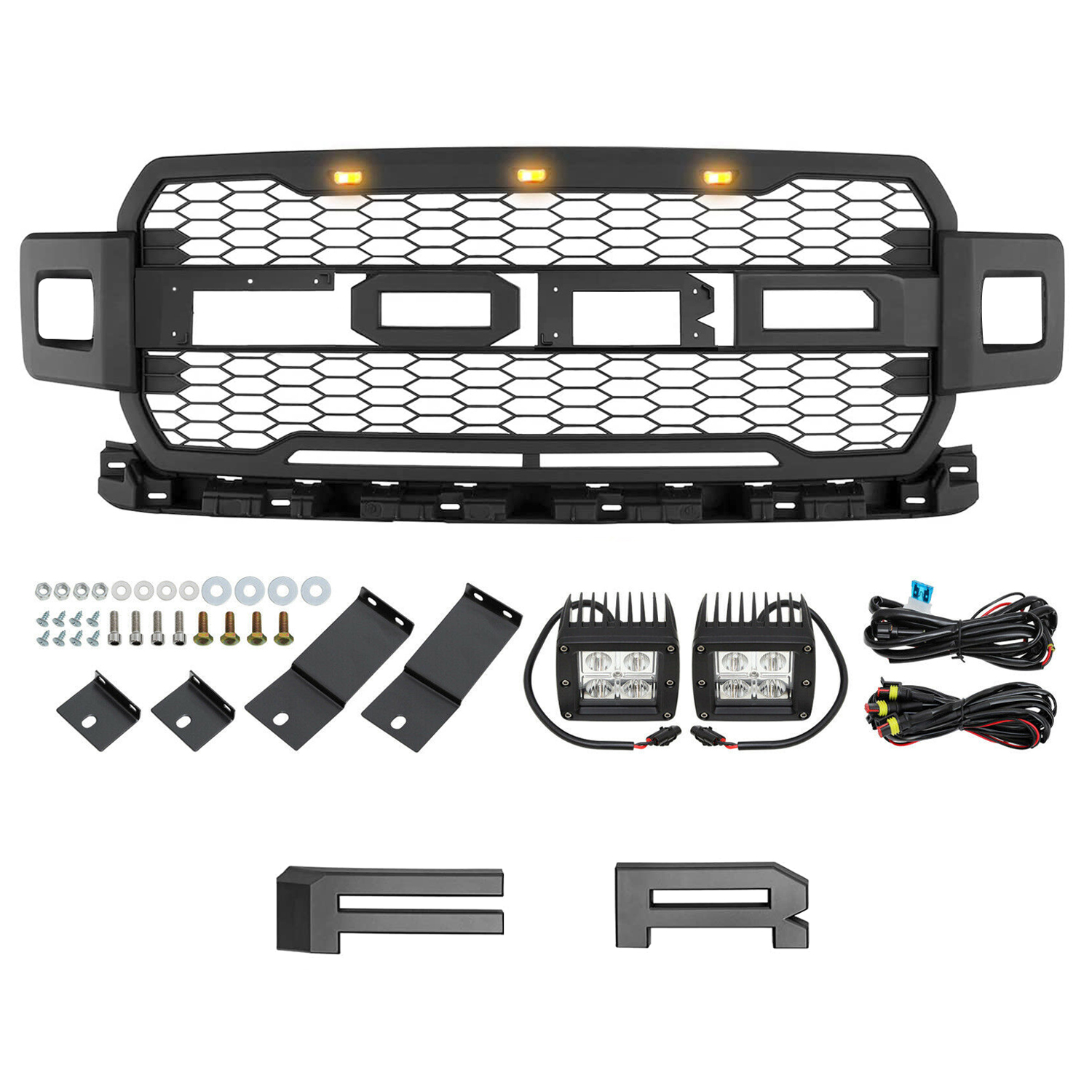 For 2018-2020 Ford F150 Grill Raptor Style Front Grille Mesh Black With Letters & LED Lights