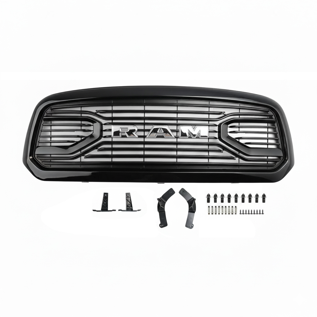 For 2013-2018 Dodge Ram 1500 Front Grille Big Horn Style Grill Glossy Black + Letter Chrome
