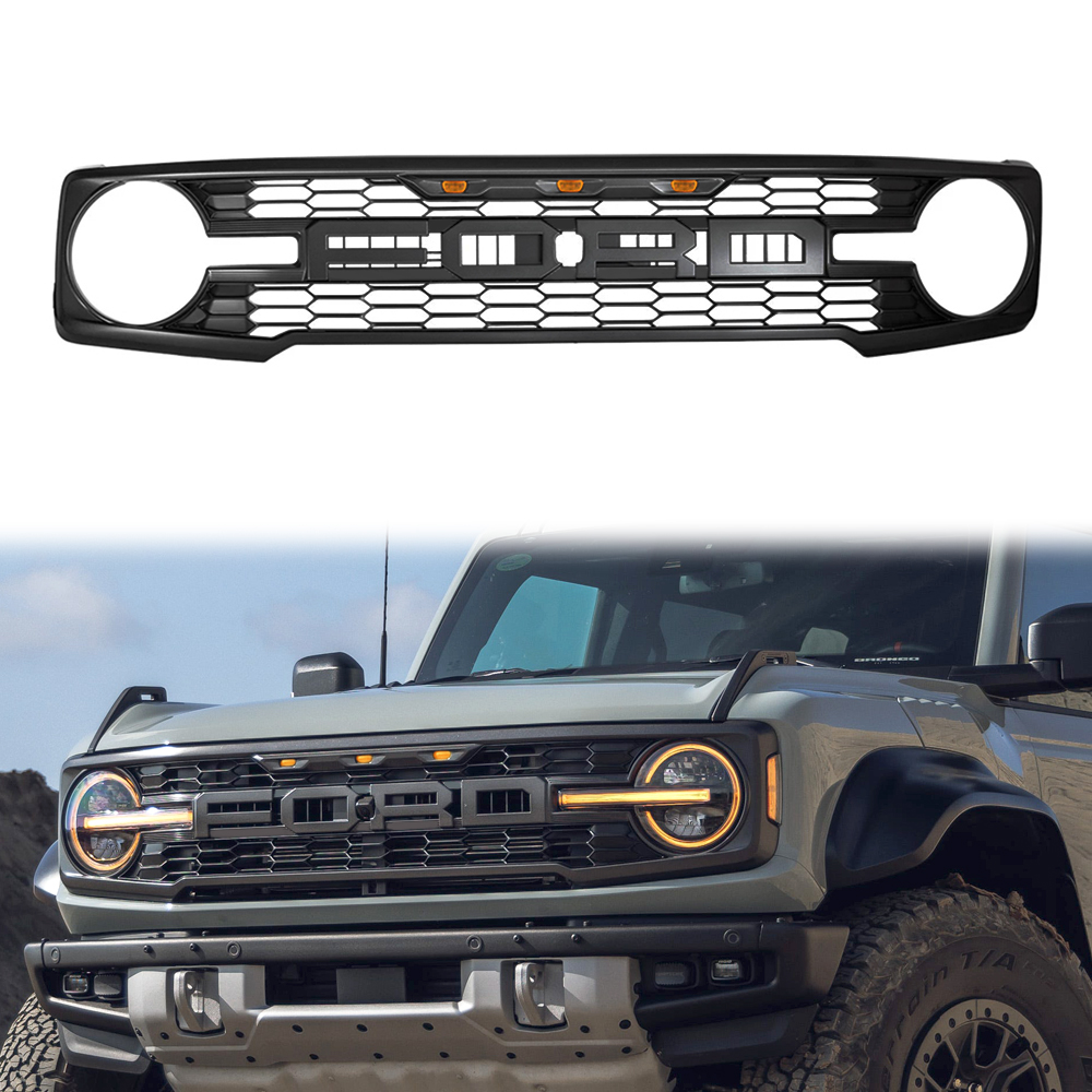 For 2021-2023 Ford Bronco Grill Raptor Style Front Grille With LED Lights Matte Black