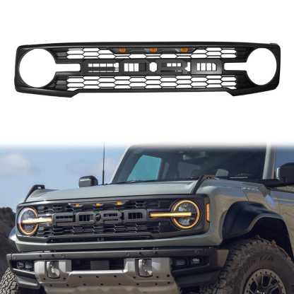 For 2021-2023 Ford Bronco Grill Raptor Style Front Grille With LED Lights Matte Black