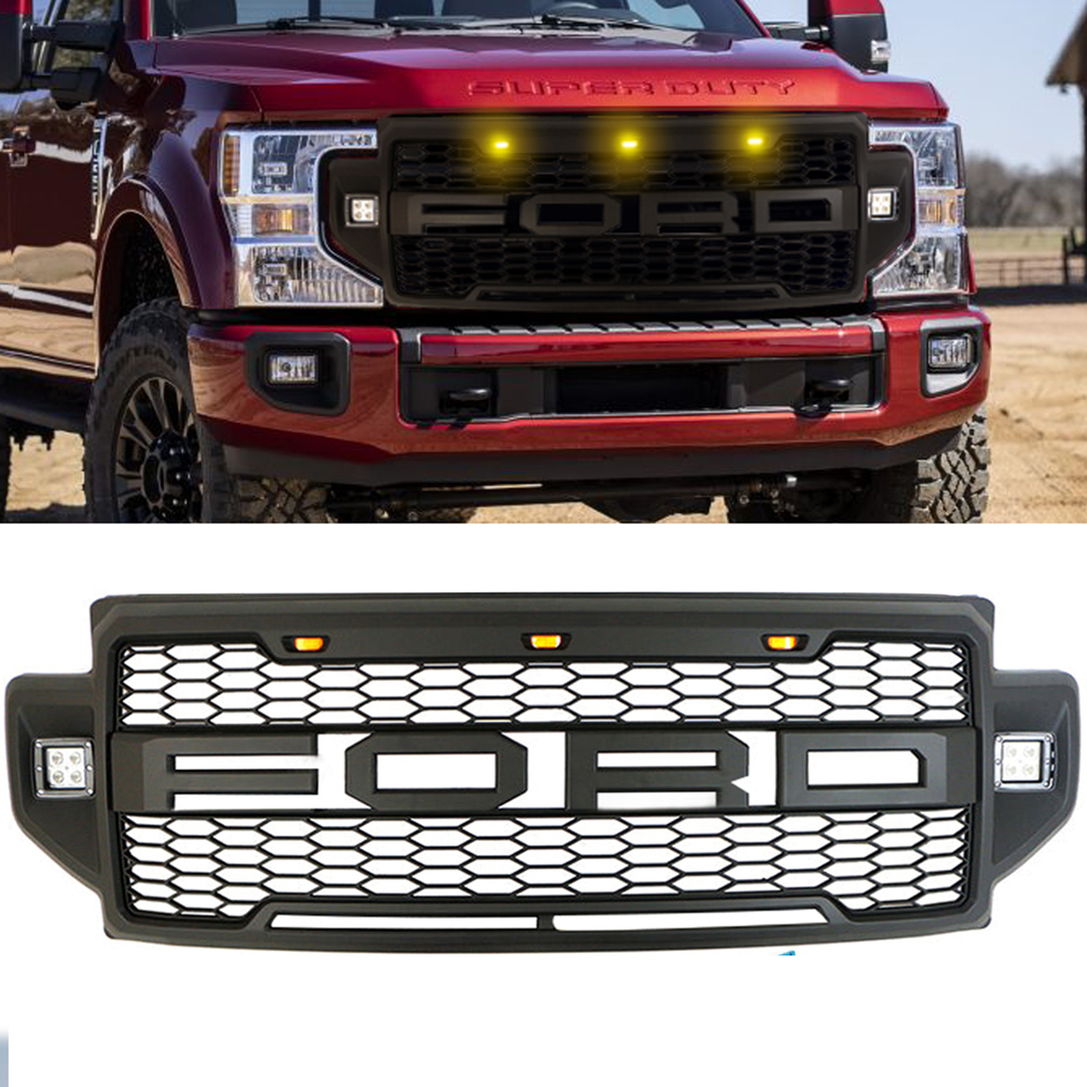 For 2020-2022 F250 F350 F450 F550 Super Duty Raptor Style Front Grille Grill With LED Lights Matte Black
