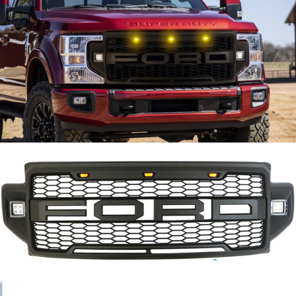 For 2020-2022 F250 F350 F450 F550 Super Duty Raptor Style Front Grille Grill With LED Lights Matte Black