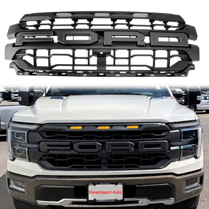 For 2024-2025 Ford F150 Grill Upgrade Raptor Style Front Grille Matte Black Mesh With LED Light & Letter