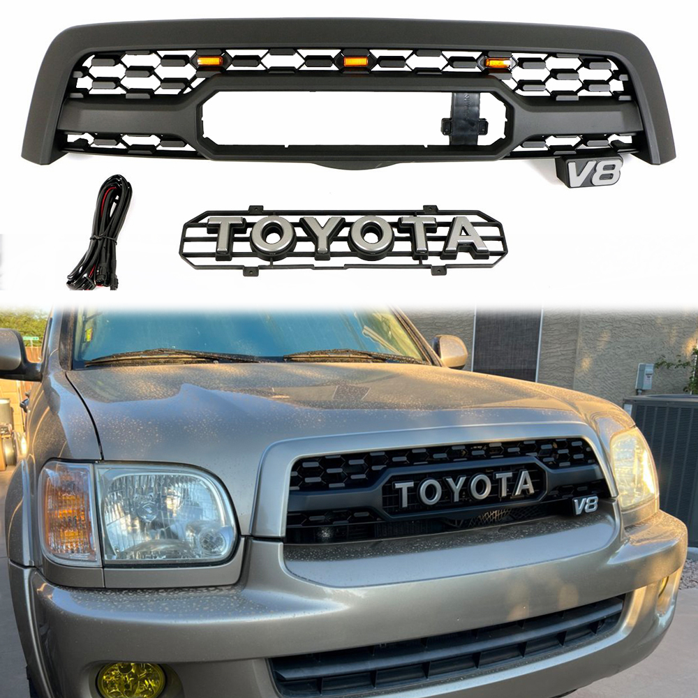 For 2005-2007 Toyota Sequoia Grill Matte Balck Front Grille Mesh with LED Light & Letters