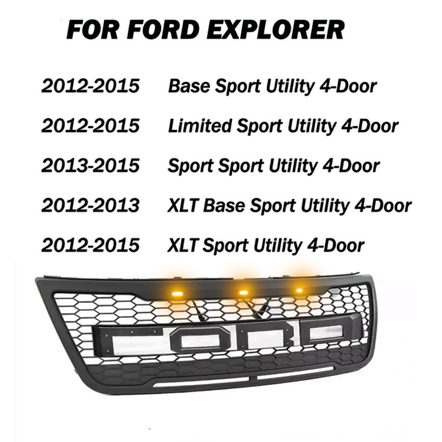 Grill for 2012-2015 Ford Explorer Front Bumper Grille with LED Matte Black