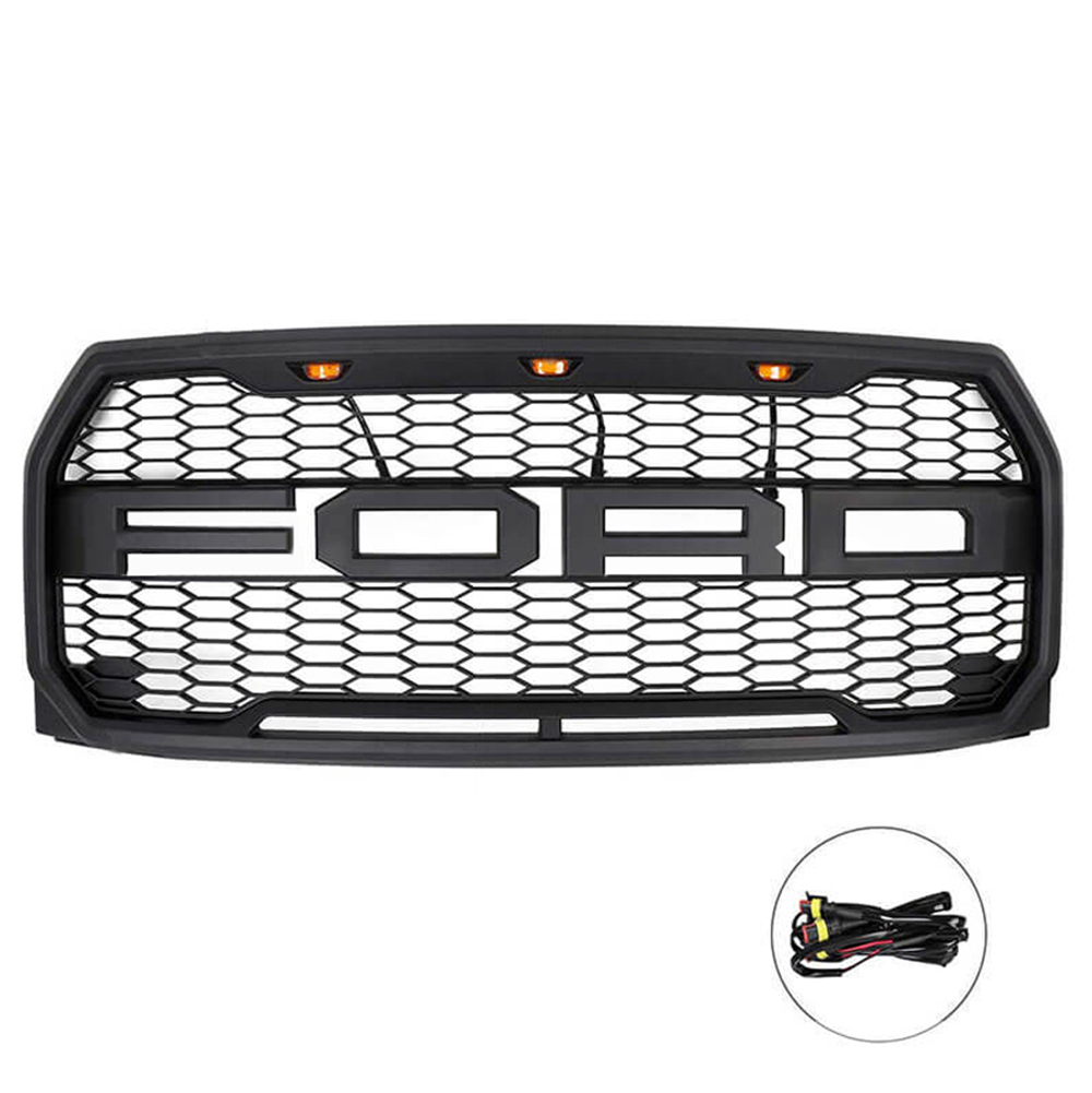 Raptor Style Grille For 2015-2017 Ford F150 Front Grill Matte Black With Letters & LED Lights
