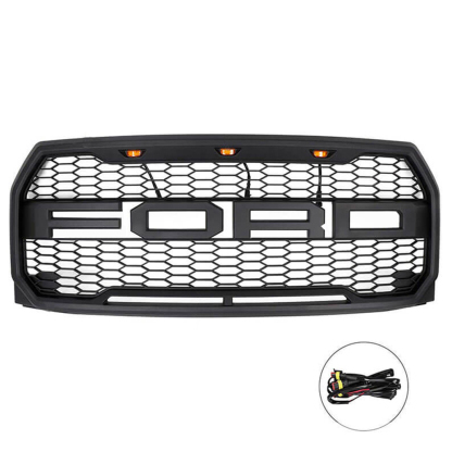 Raptor Style Grille For 2015-2017 Ford F150 Front Grill Matte Black With Letters & LED Lights