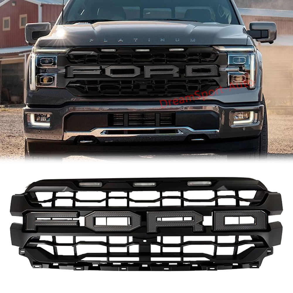 For 2024-2025 Ford F150 Grill Raptor Style Front Grille Matte Black Mesh With LED Light & Letter