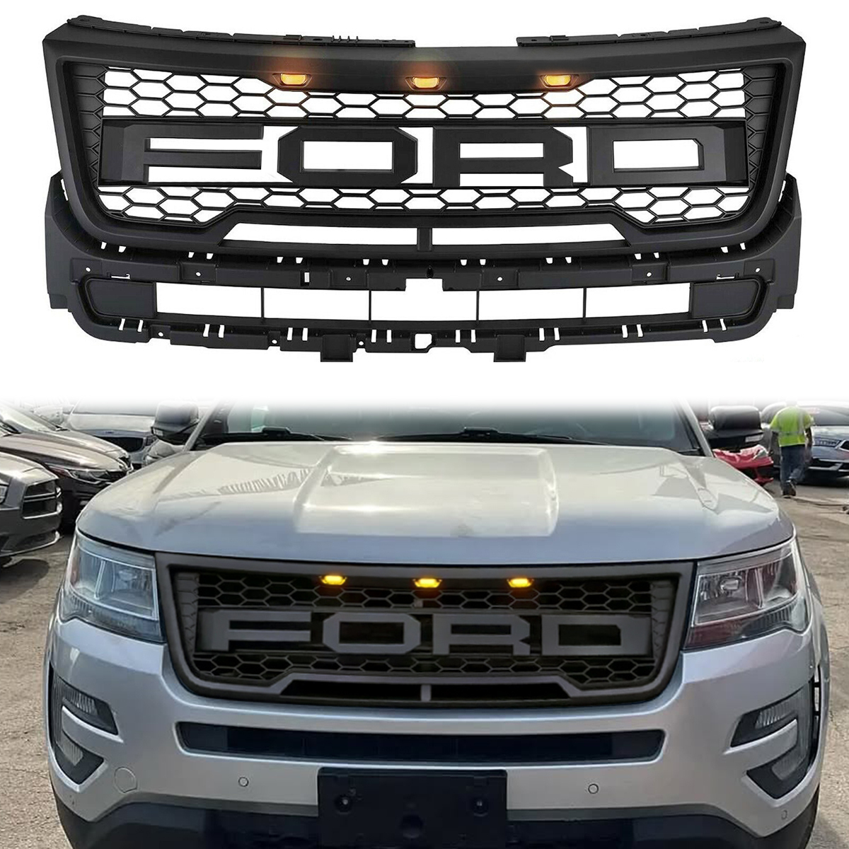 For 2016-2017 Ford Explorer Grill Raptor Style Front Grille With LED Lights Matte Black