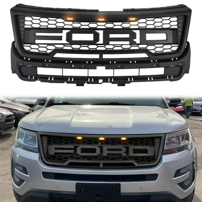 For 2016-2017 Ford Explorer Grill Raptor Style Front Grille With LED Lights Matte Black
