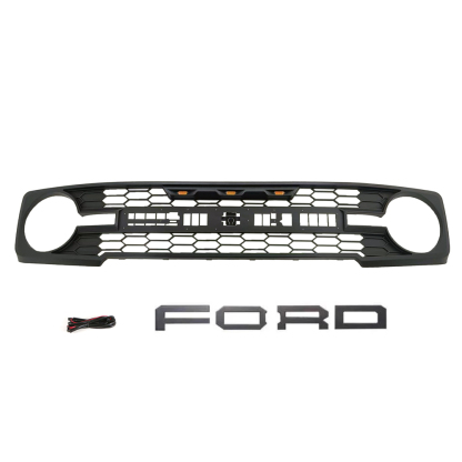 For 2021-2023 Ford Bronco Grill Raptor Style Front Grille With LED Lights Matte Black