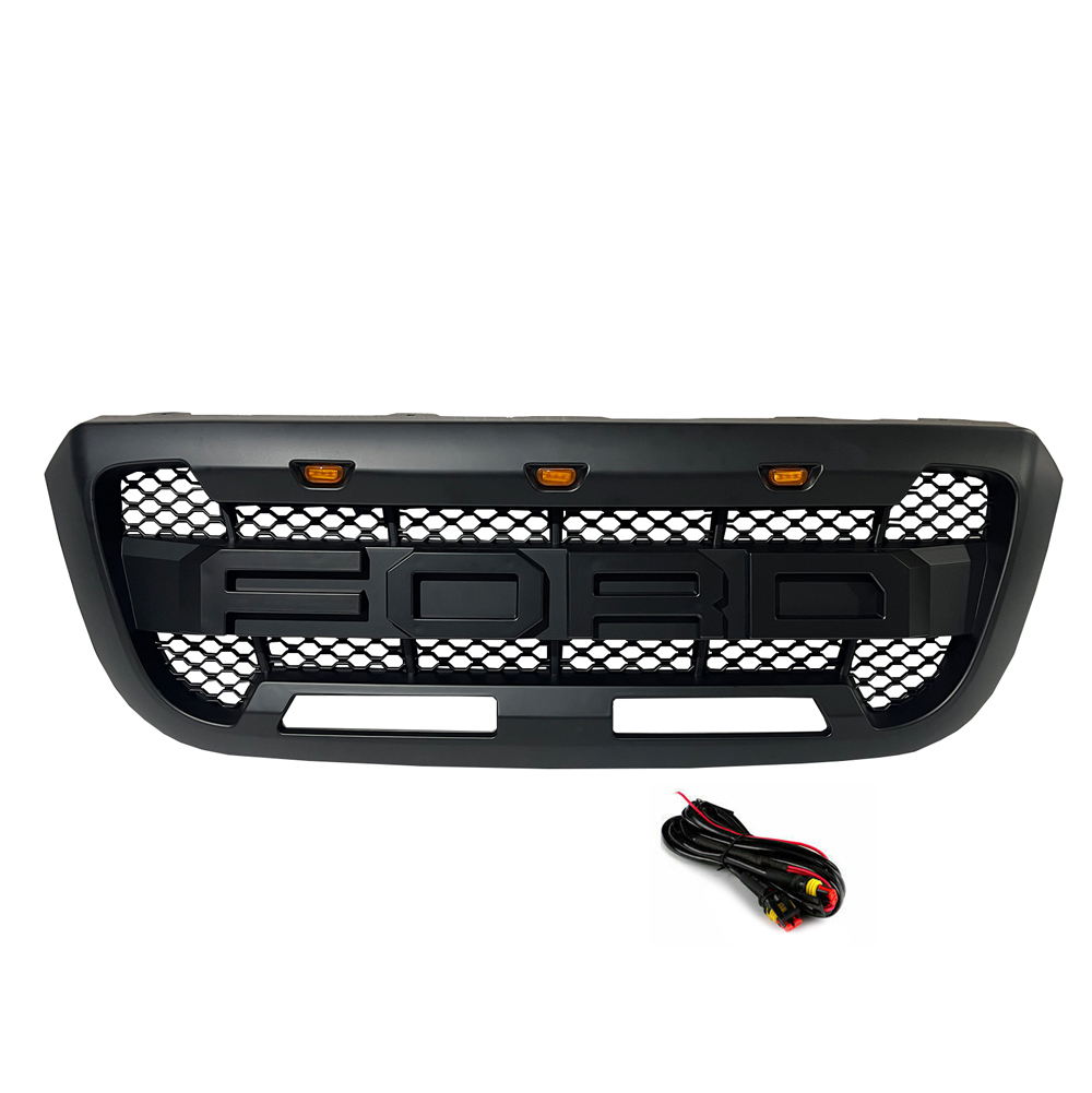 For 2004-2011 Ford Ranger Raptor Style Grill Front Bumper Matte Black Grille W/ LED Light