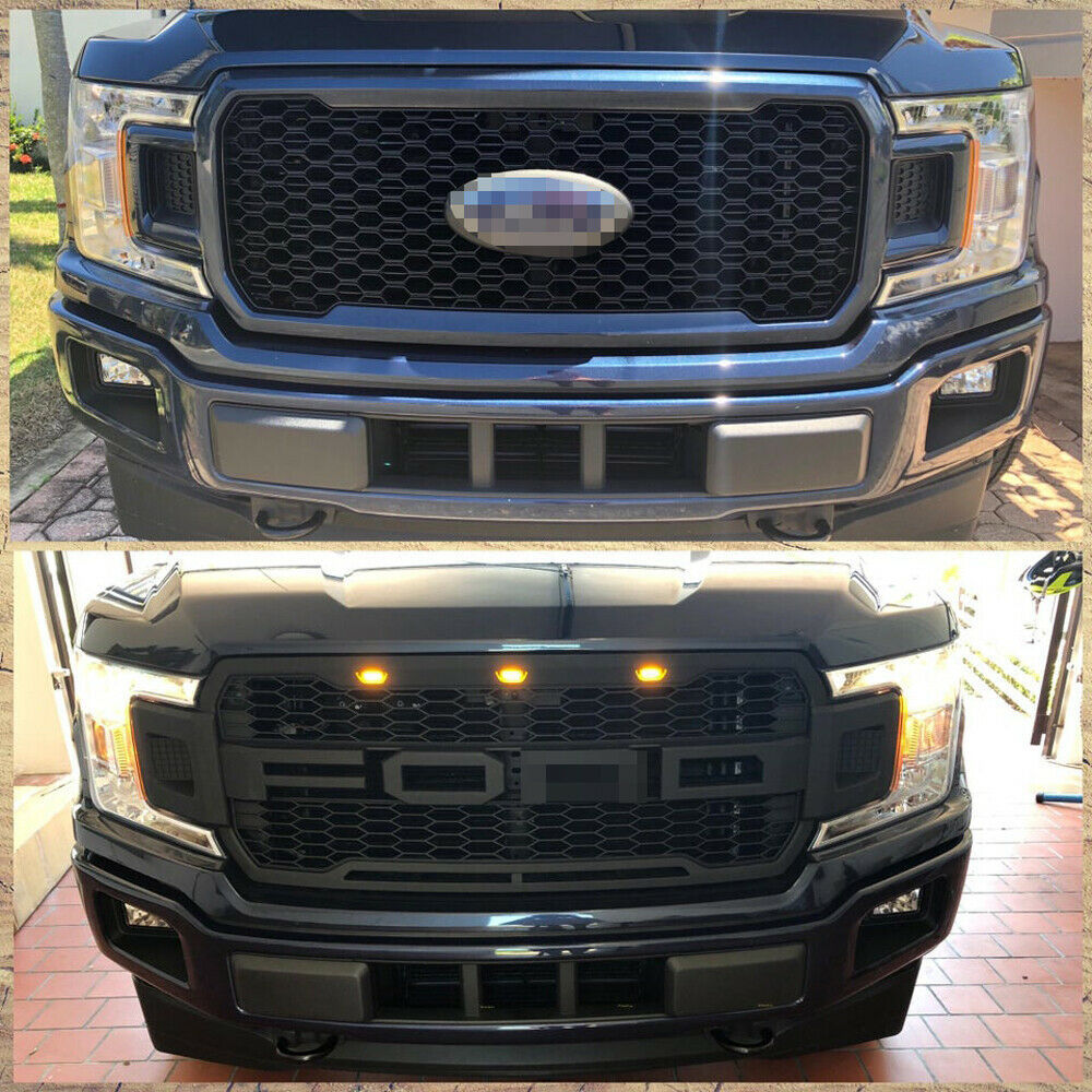 For 2018-2020 Ford F150 Grill Raptor Style Front Grille Mesh Black With Letters & LED Lights