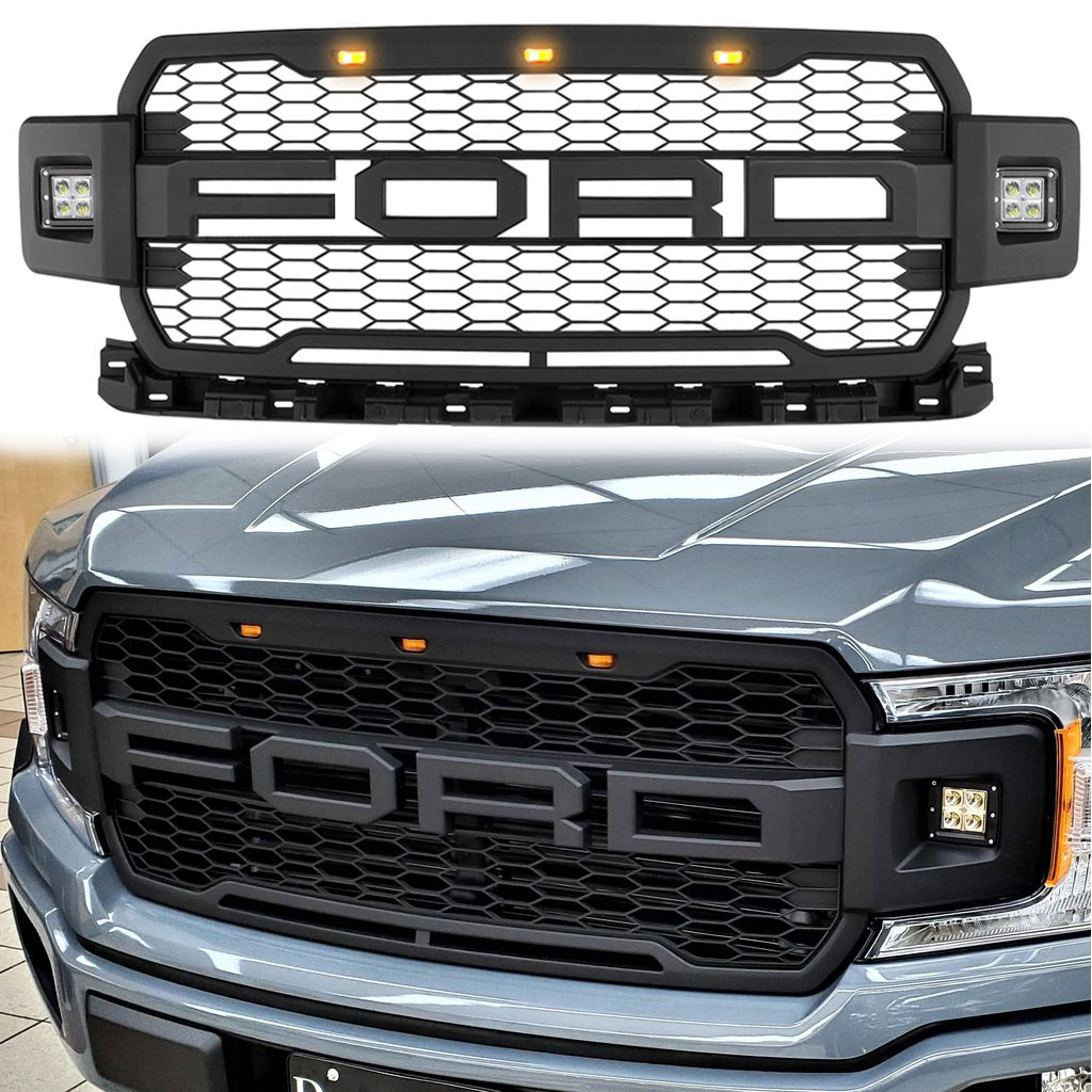 For 2018-2020 Ford F150 Grill Raptor Style Front Grille Mesh Black With Letters & LED Lights