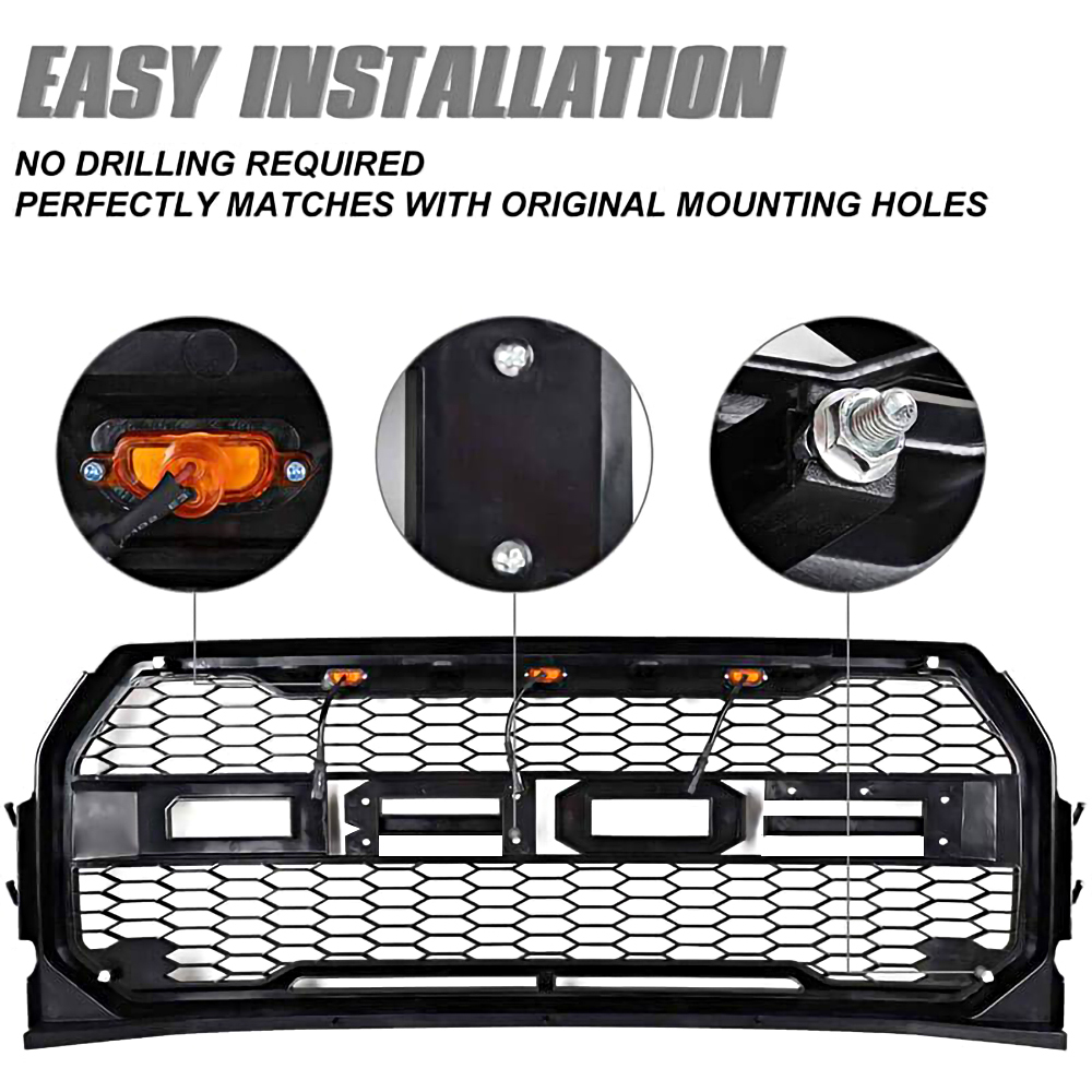 Raptor Style Grille For 2015-2017 Ford F150 Front Grill Matte Black With Letters & LED Lights