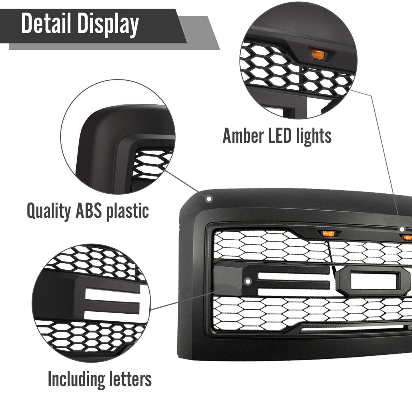 For 2008-2010 Ford F250 F350 Super Duty Grill Raptor Style Front Grille W/ Light & Letter Matte Black