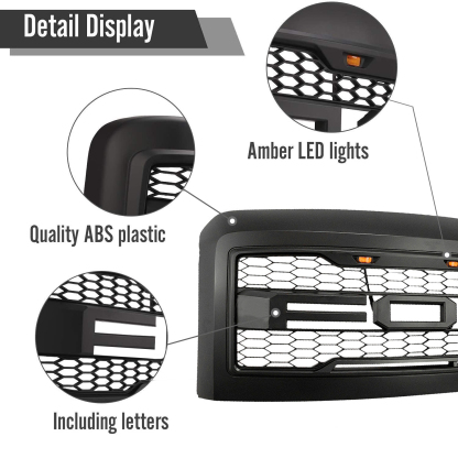 For 2008-2010 Ford F250 F350 Super Duty Grill Raptor Style Front Grille W/ Light & Letter Matte Black