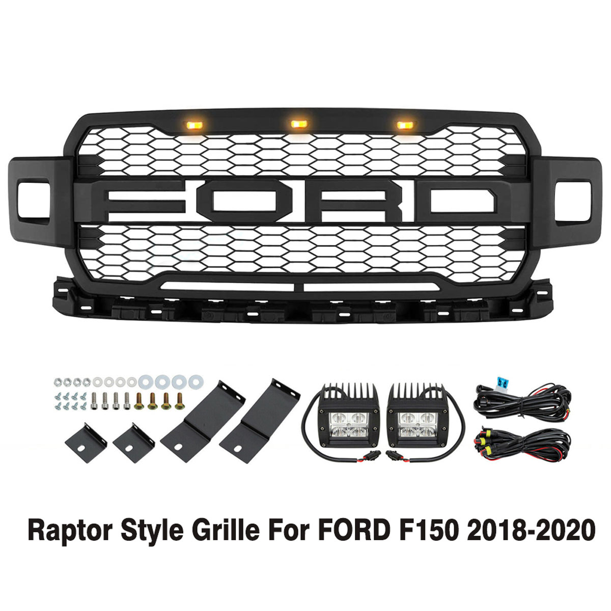 For 2018-2020 Ford F150 Grill Raptor Style Front Grille Mesh Black With Letters & LED Lights
