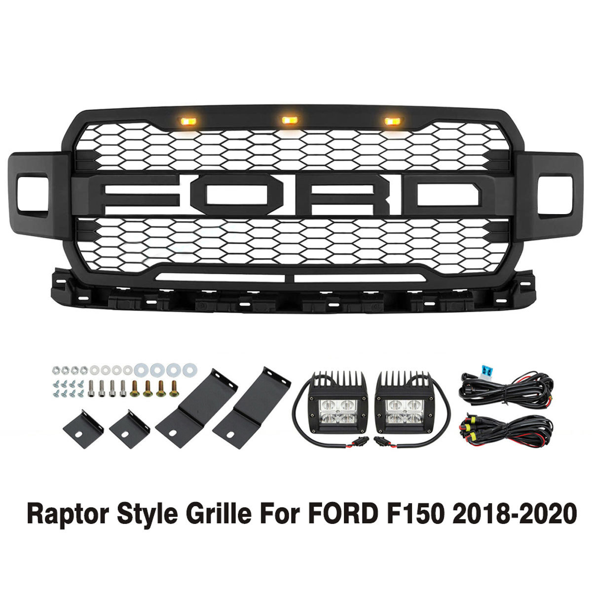 For 2018-2020 Ford F150 Grill Raptor Style Front Grille Mesh Black With Letters & LED Lights
