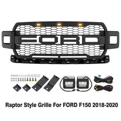 For 2018-2020 Ford F150 Grill Raptor Style Front Grille Mesh Black With Letters & LED Lights