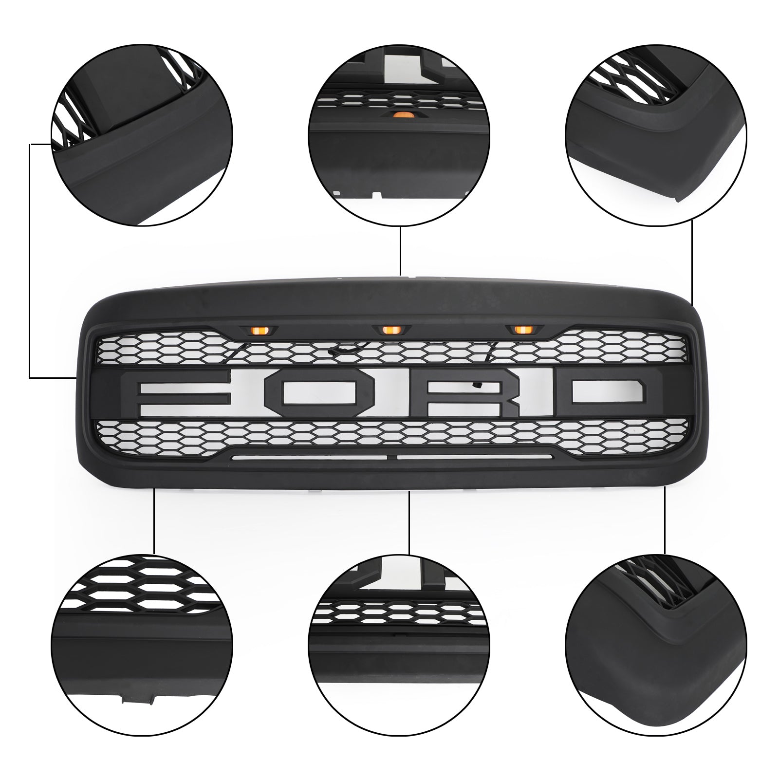 For 1999-2004 Ford F250 F350 Super Duty Grill Raptor Style Front Grille with Light and Letter Matte Black