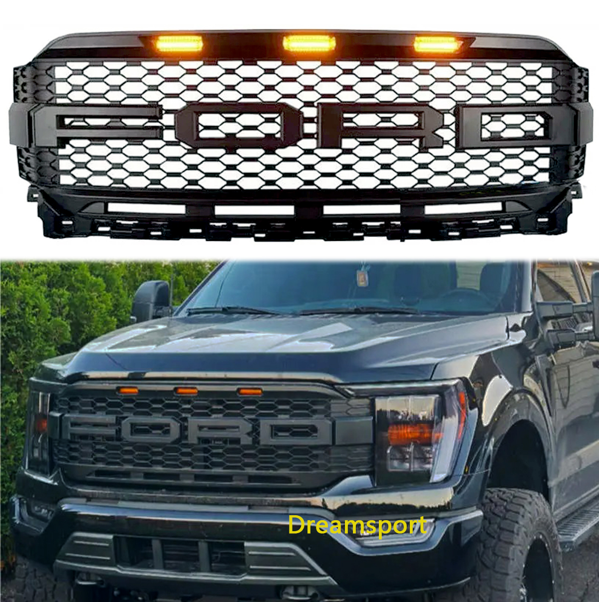 For Ford F150 2021-2023  Front Grill Matte Black Raptor Style Grille With LED Lights & Letter