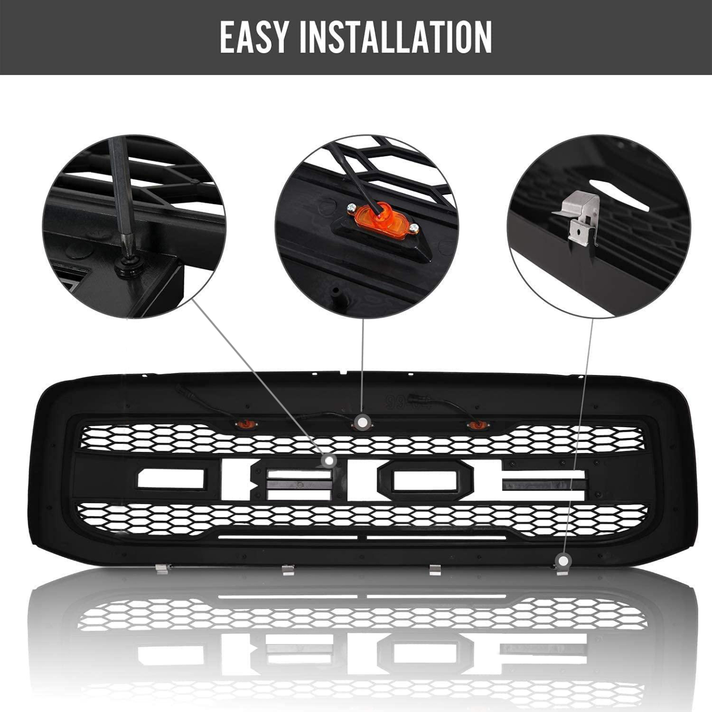 For 1999-2004 Ford F250 F350 Super Duty Grill Raptor Style Front Grille with Light and Letter Matte Black
