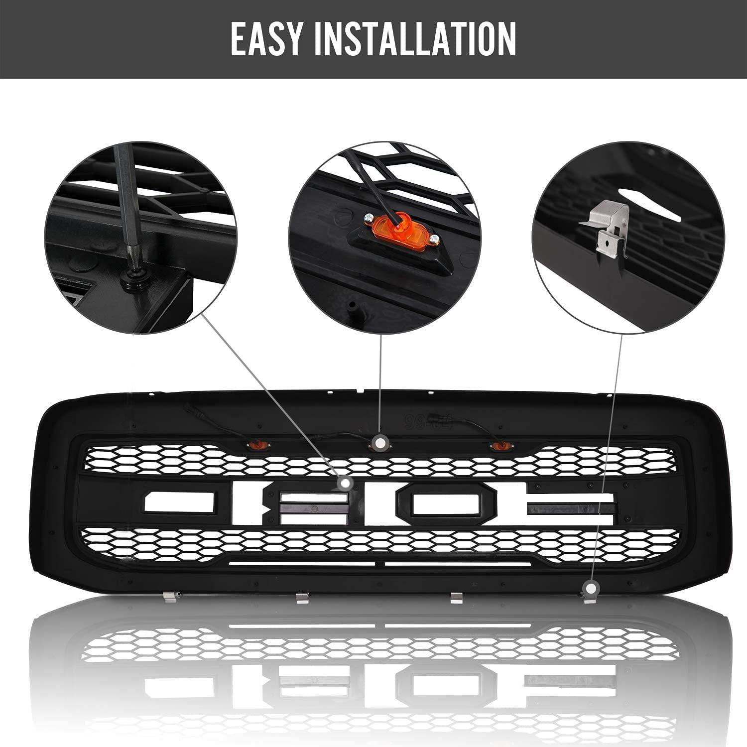 For 1999-2004 Ford F250 F350 Super Duty Grill Raptor Style Front Grille with Light and Letter Matte Black