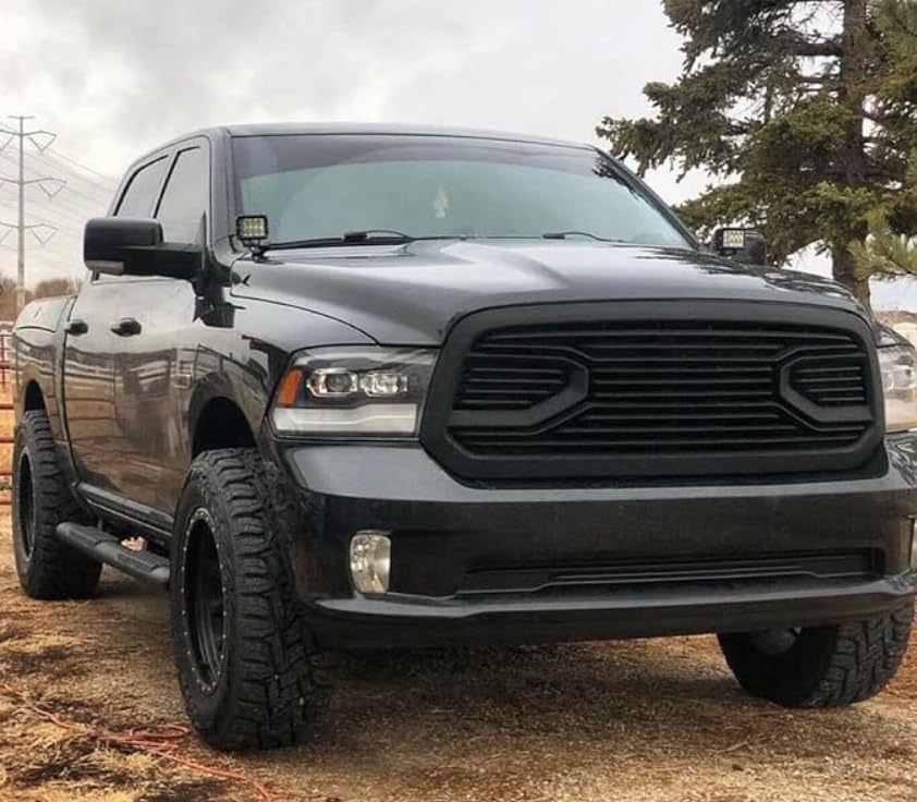 For 2013-2018 Dodge Ram 1500 Grill Big Horn Style Front Grille with LED Light Matte Black