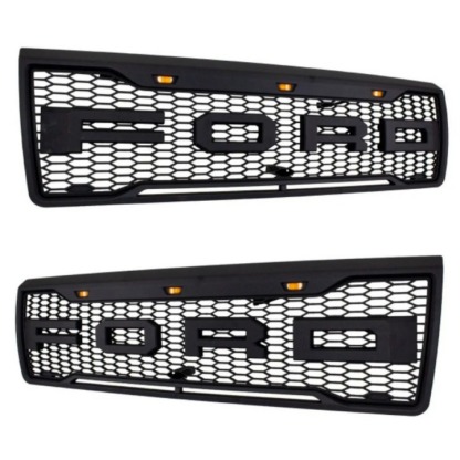 For 1992-1996 Ford F150 / Bronco Grill Raptor Style Front Grille With LED Light & Letters Matte Black