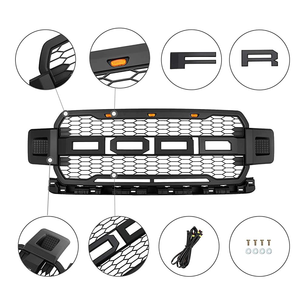 For 2018-2020 Ford F150 Grill Raptor Style Front Grille Mesh Black With Letters & LED Lights