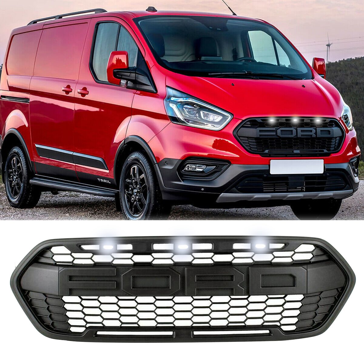Front Grille For Transit Custom 2018-2023 Trail Raptor Style Front Grill With White LED Light