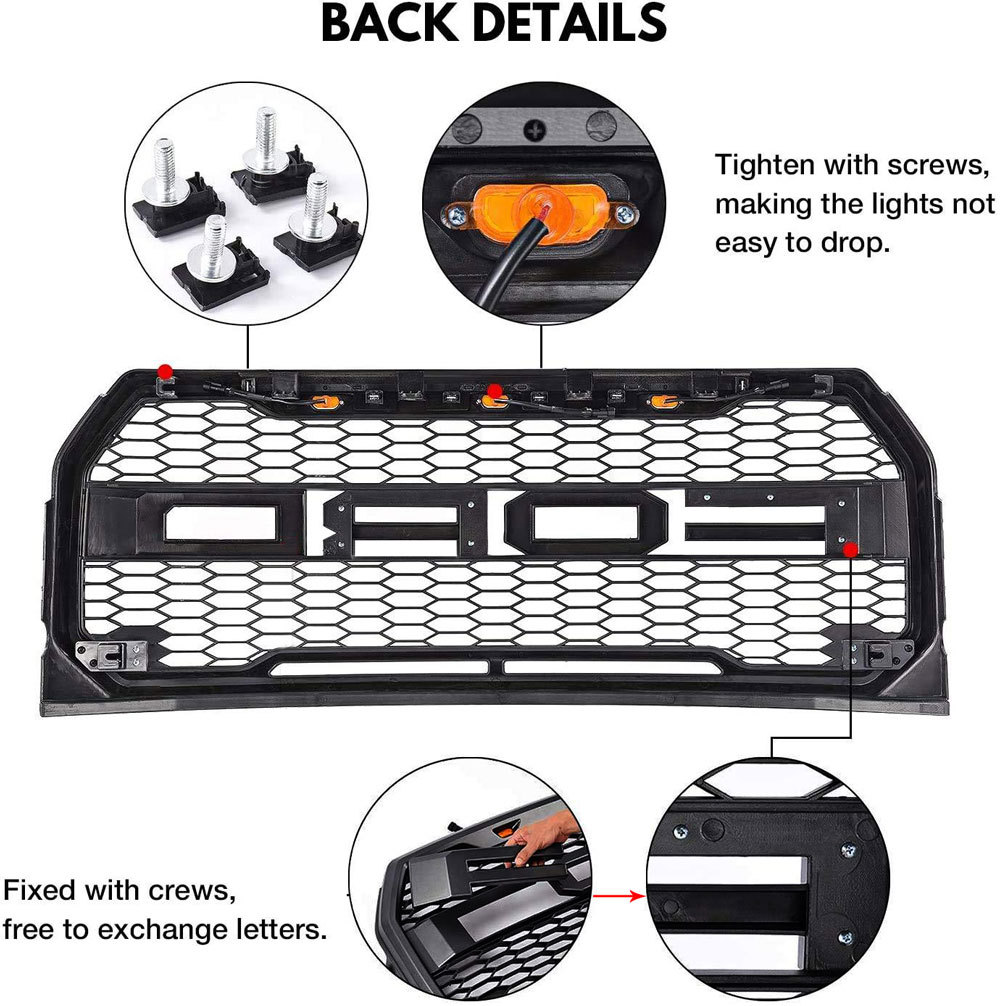 Raptor Style Grille For 2015-2017 Ford F150 Front Grill Matte Black With Letters & LED Lights
