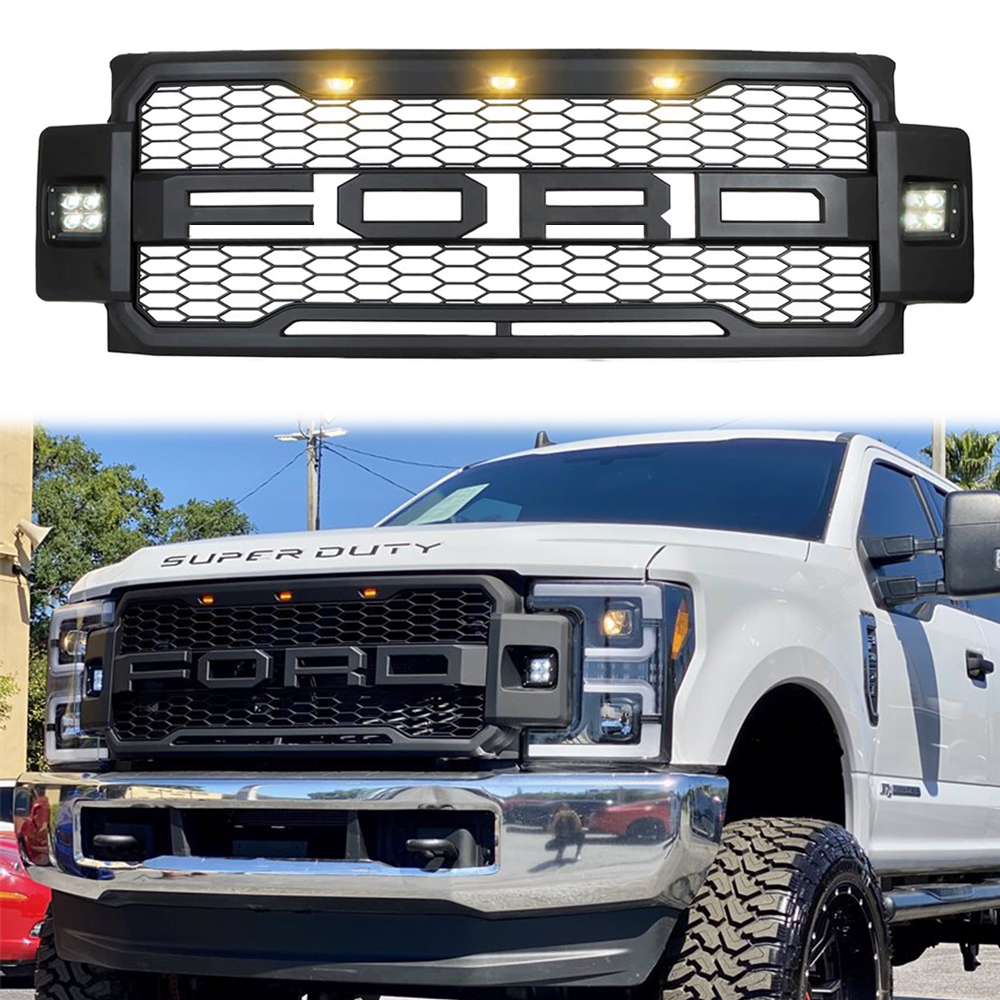 For 2017 2018 2019 Ford F250 F350 F450 F550 Super Duty Grill Raptor Style Front Grille With LED Light Matte Black