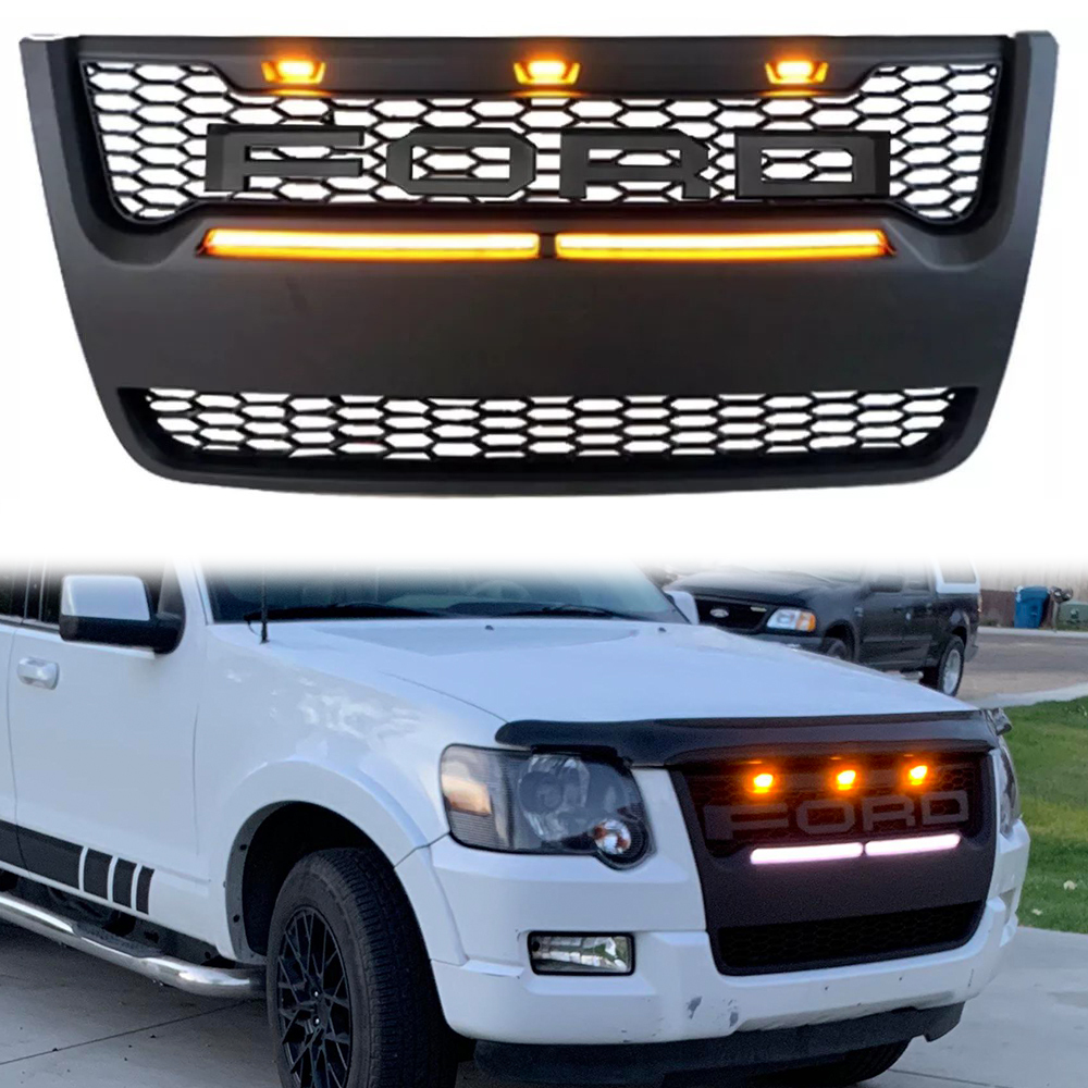 For 2006-2010 Ford Explorer Grill Matte Black Front Grille with LED Light & Letters