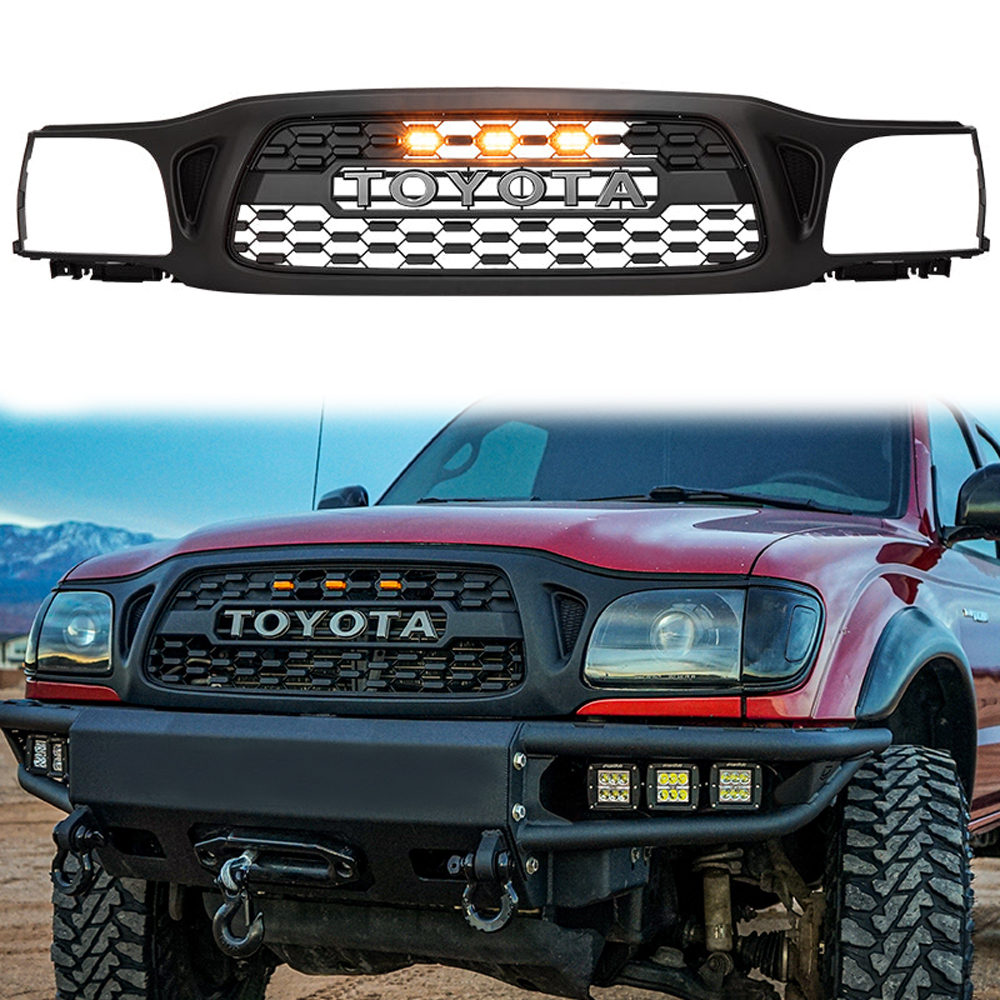 For 2001-2004 Toyota Tacoma Front Grill Grille With LED Light & Letter Matte Black
