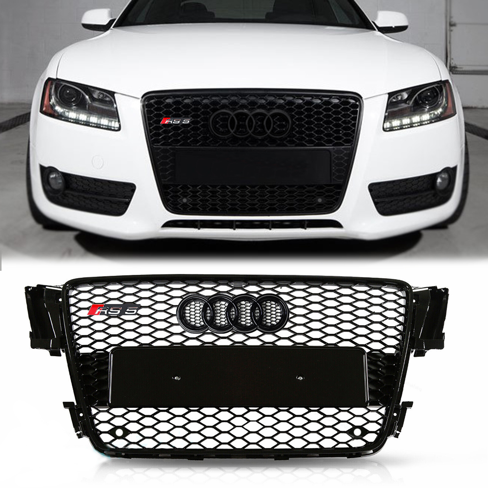For 2007-2011 Audi A5 S5 8T Front Main Grille Gloss Black Honeycomb RS Style Grill with Emblem