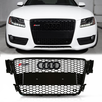 For 2007-2011 Audi A5 S5 8T Front Main Grille Gloss Black Honeycomb RS Style Grill with Emblem